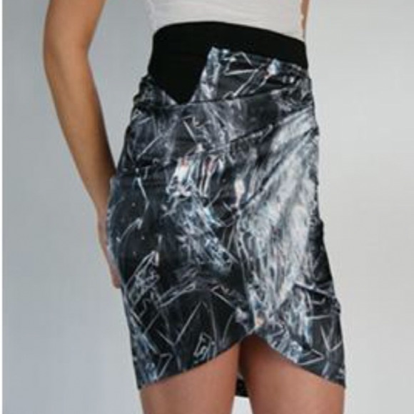 Helmut Lang SILK Cellophane Print Faux Tulip Hem Wrap Skirt Black Silver & Blue - Picture 2 of 12